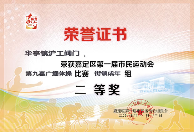 嘉定区第一届市民运动会第九套广播体操比赛二等奖荣誉证书