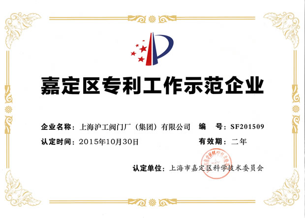 金年会 金字招牌嘉定区专利工作示范企业证书